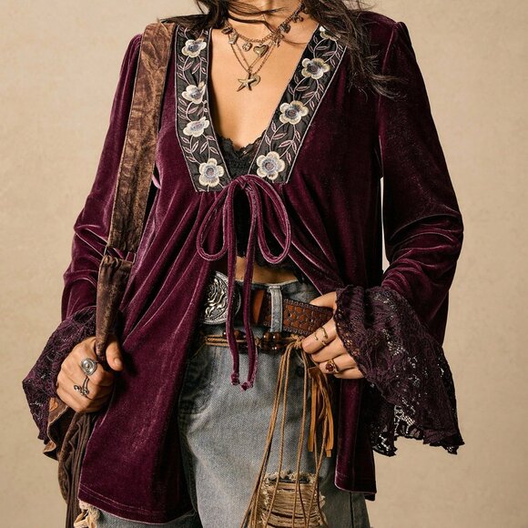 Multicolor Boho Women's Nomadic V-Neck Tie-Up Lace Patchwork Flare Sleeve top - Picture 7 of 7